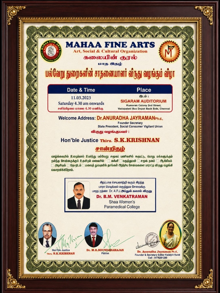 Mahaa Fine Arts Recognition - Dr. B. M. Venkatraman