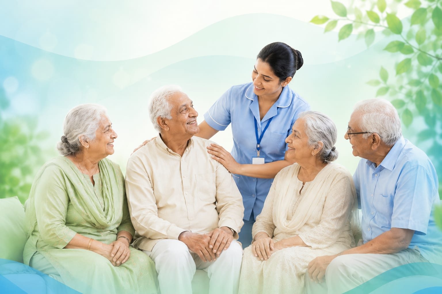 Elderly residents smiling together with a caregiver at Aishwaryam Old Age Home Care