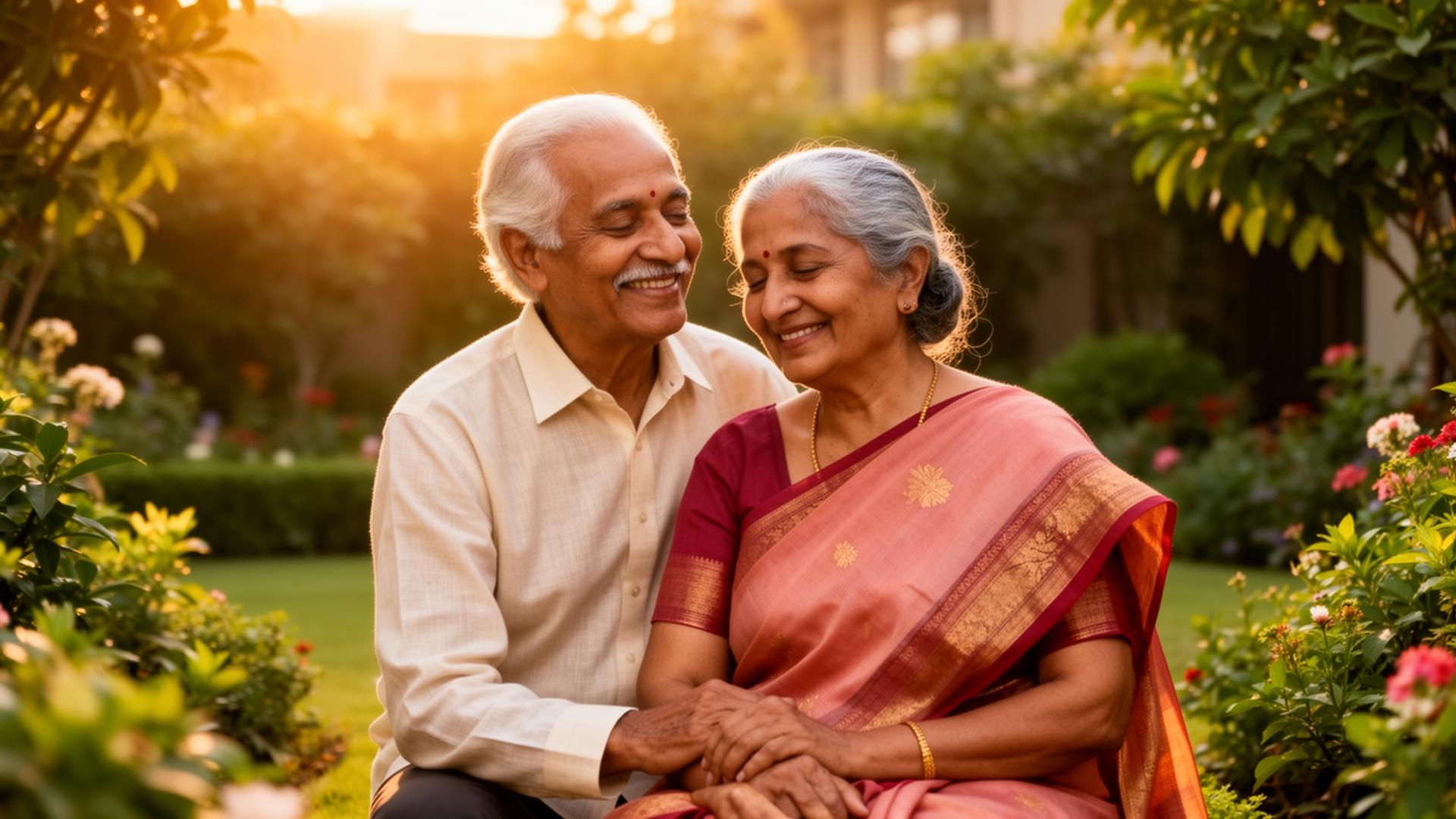 Elderly couple smiling in a garden