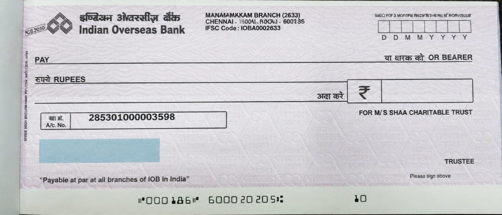 SHAA Charitable Trust Account Info Cheque Details