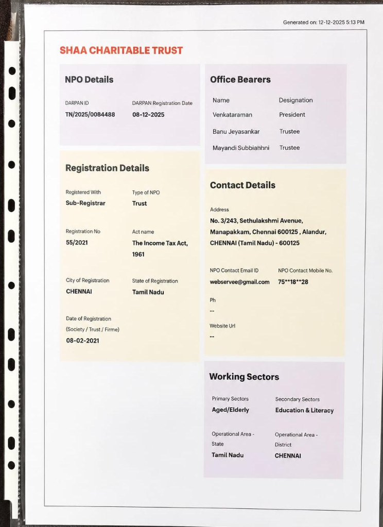 DARPAN Registration Profile Certificate - SHAA Charitable Trust